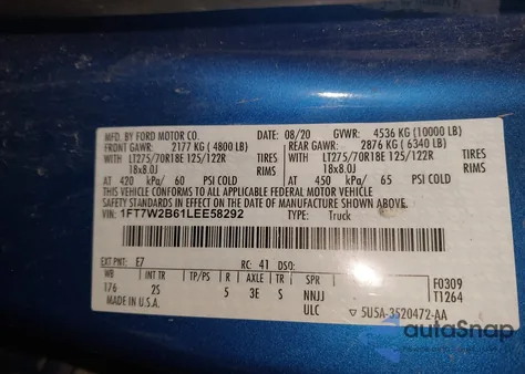 2020 Ford F-250 Xlt z USA, uszkodzony, nr VIN 1FT7W2B61LEE58292